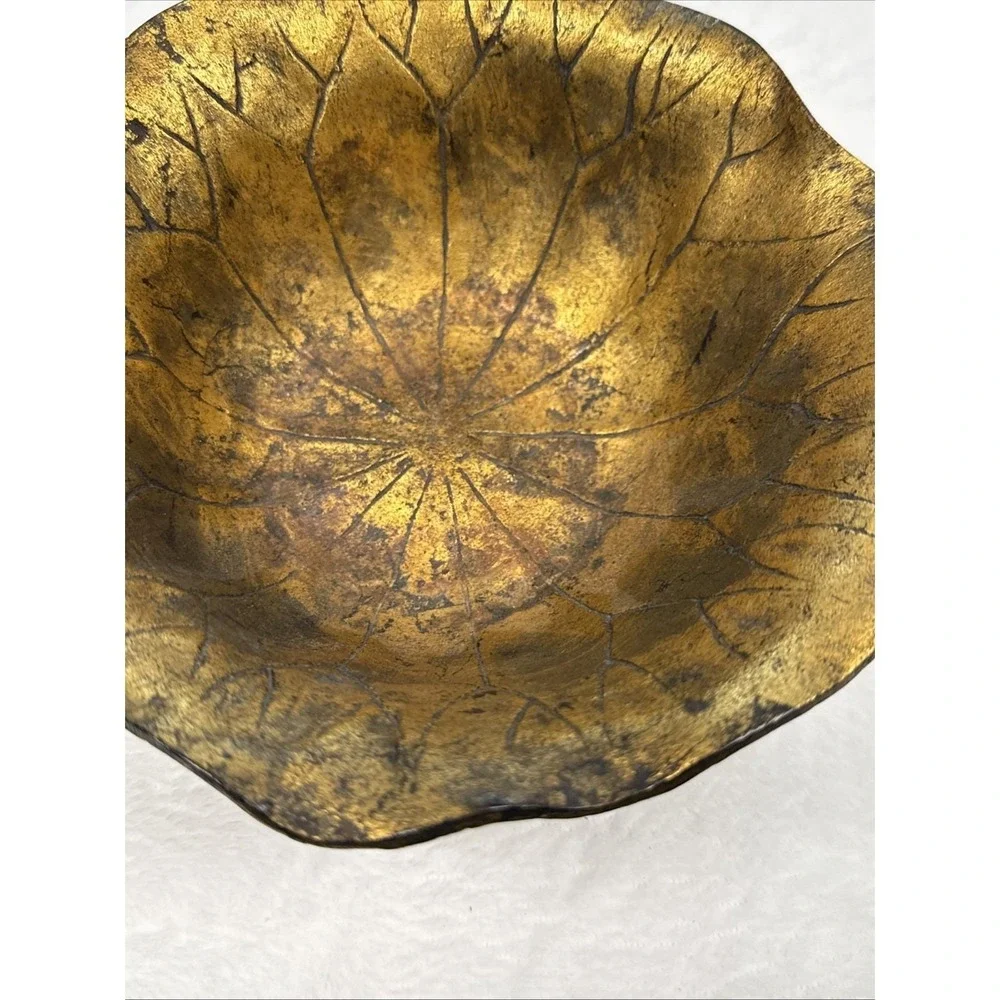 Vintage Gold Leaf Bowl Hollywood Regency Decorative Metal Dish Trinket Catchall
